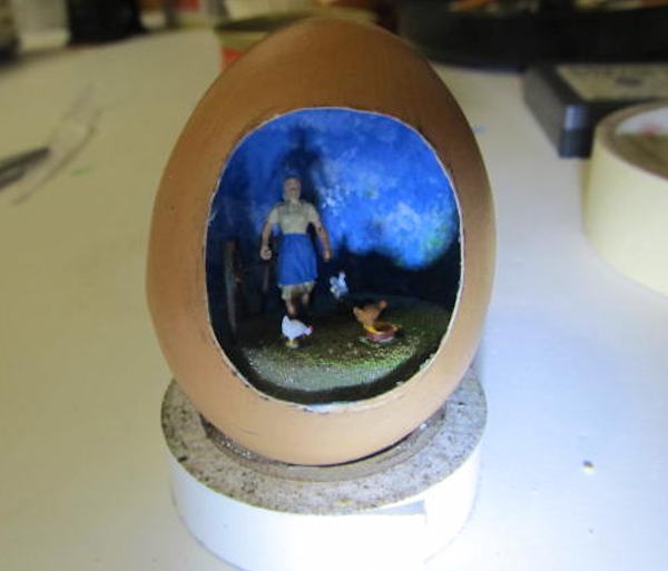 A diorama inside an egg