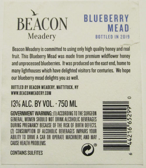 Beacon Meadery Back Label for Blueberry mead