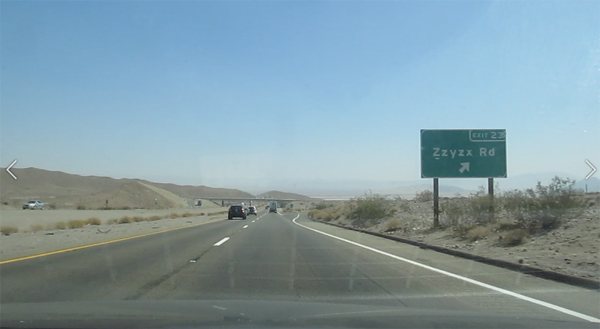 Road sign for Zzyzx