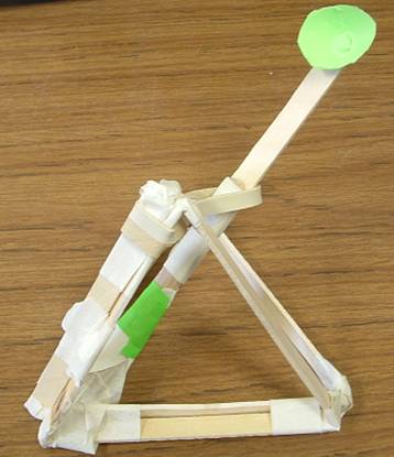Rubber band powered pyramid shaped catapult