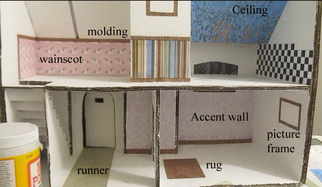 Using textured papers in a cardboard dollhouse