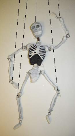 thumbnail interactive-video image 1 of Glow-in-The-Dark Skeleton Marionette - 16" Dancing String Puppet With Tangle-Free Control 1 of 3